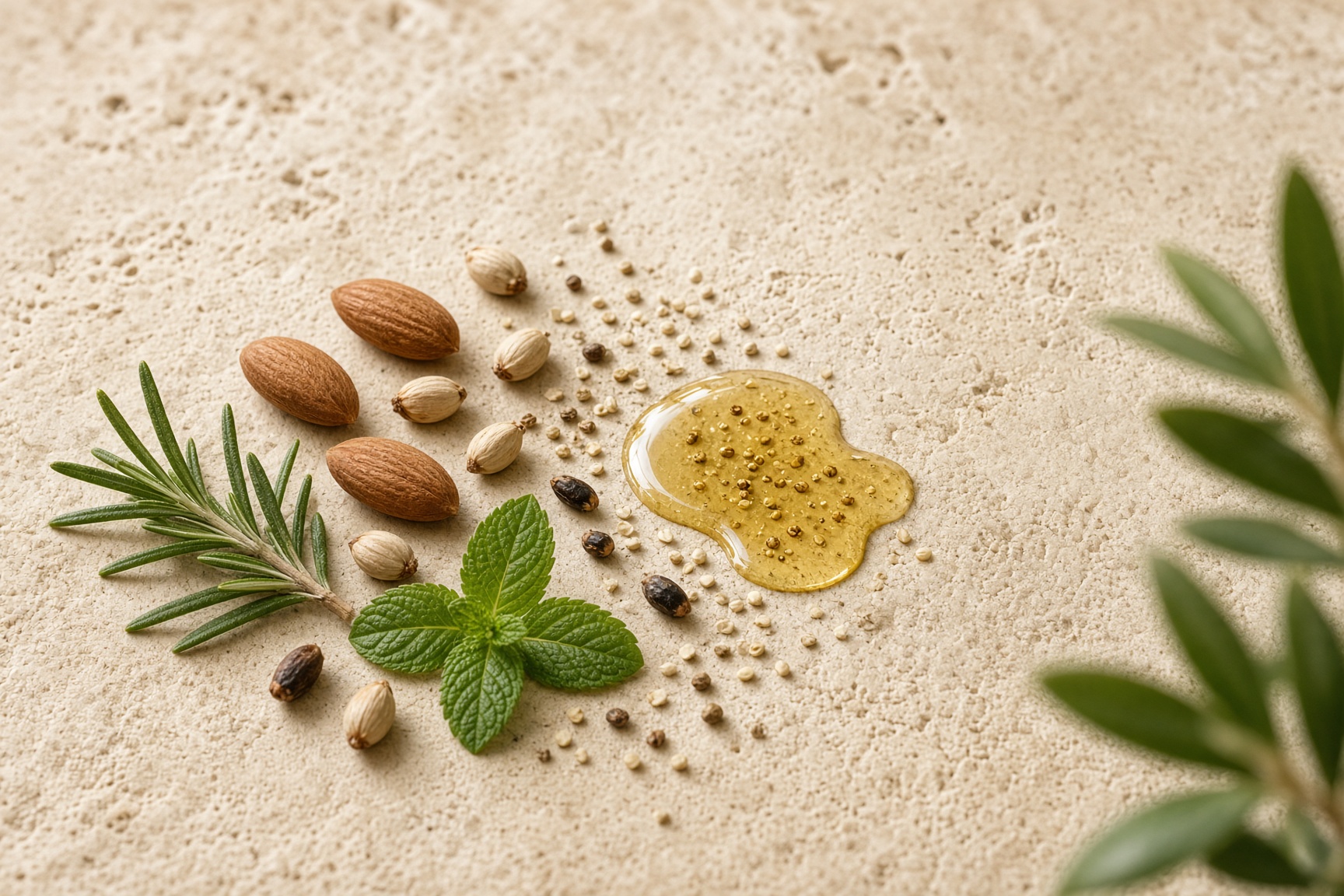 Almonds, seeds, rosemary, peppermint and a small pool of golden oil on warm stone.
