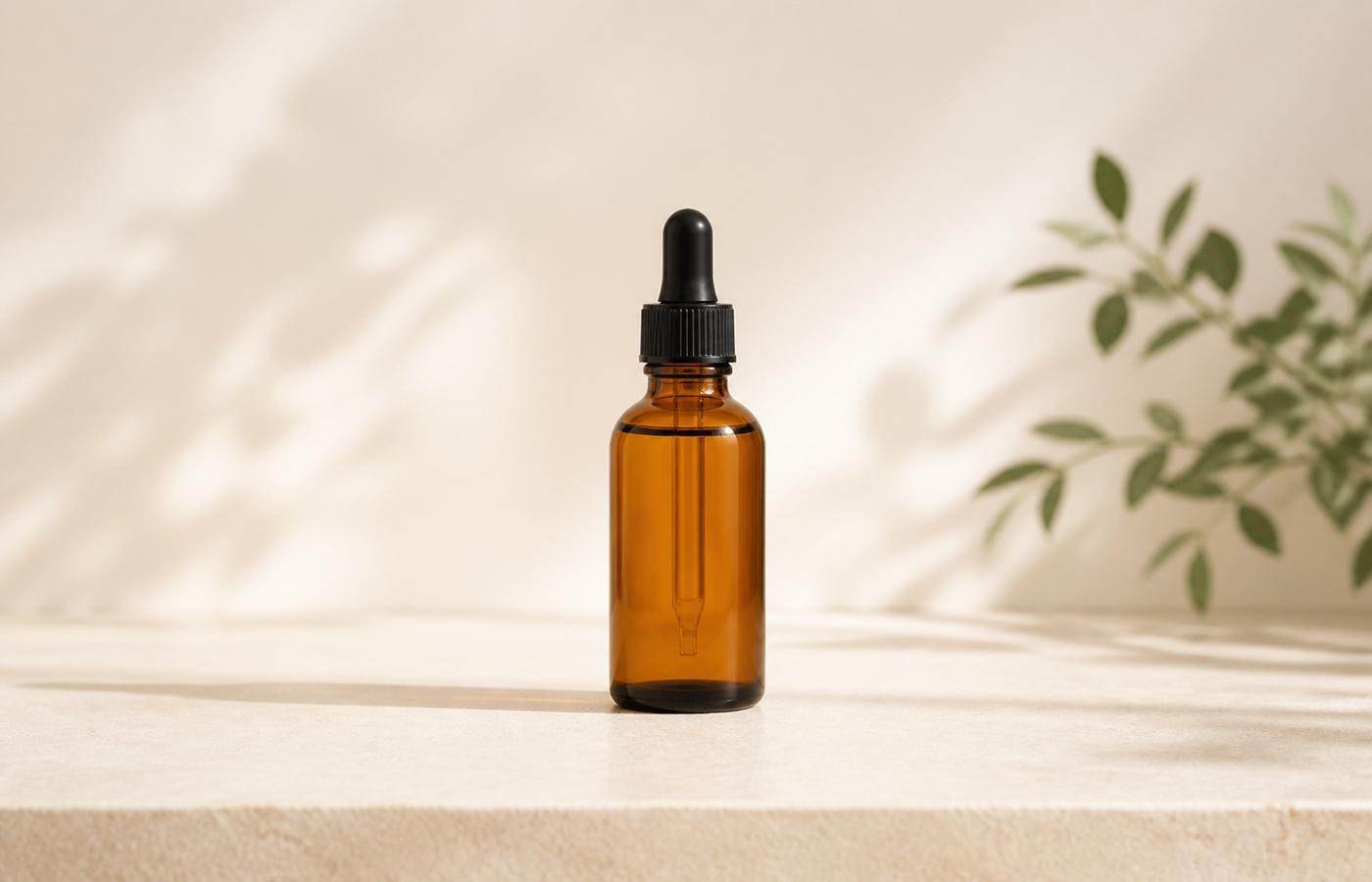 Unlabelled 50 ml amber dropper bottle of hair oil on warm stone, with soft leaf shadows and an olive branch.