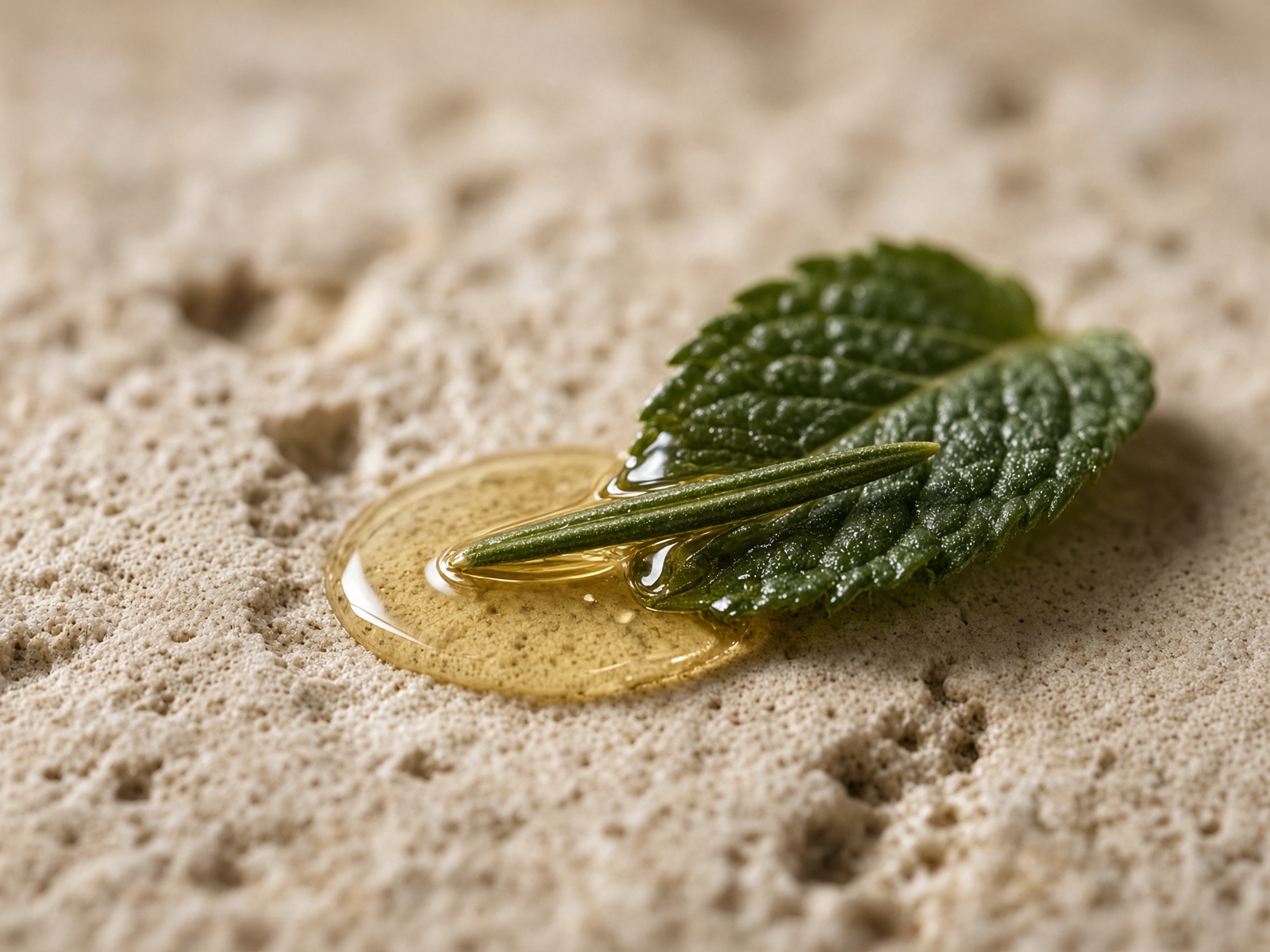 Rosemary and peppermint leaves coated in golden oil.